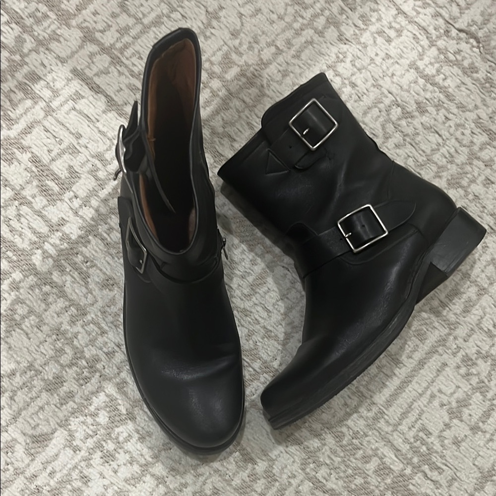 Frye Black Combat Moto Boots with Double Buckles